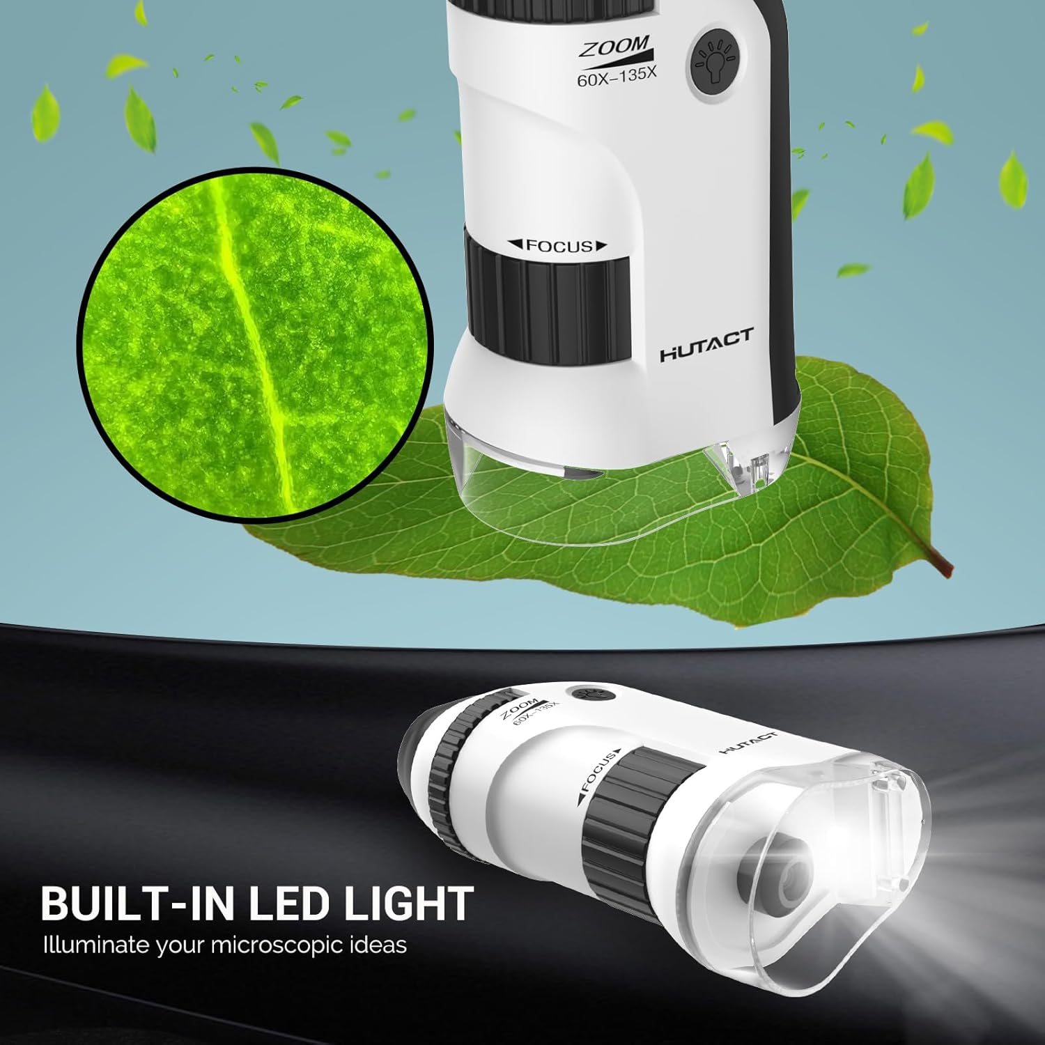 HUTACT Microscopio de bolsillo para niños, mini microscopio portátil 60X-135X con 5 diapositivas de microscopio, microscopio de mano para niños