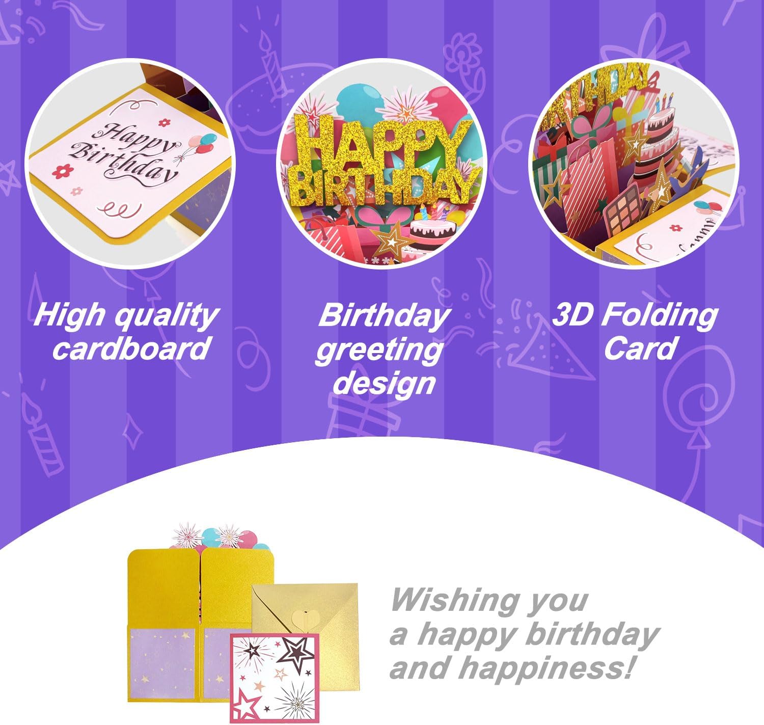 Tarjetas de cumpleaños para mujer, tarjeta desplegable de feliz cumpleaños, tarjeta de felicitación 3D de cumpleaños con tarjeta de notas en blanco
