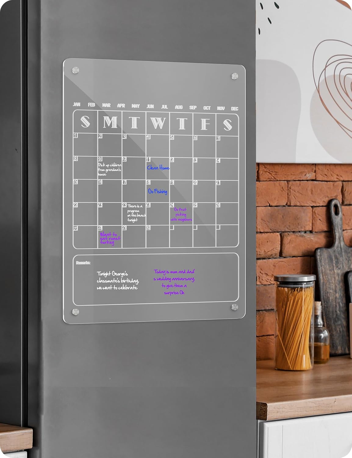 Calendario semanal mensual magnético acrílico para refrigerador, 2 juegos de calendario magnético transparente para refrigerador, planificador