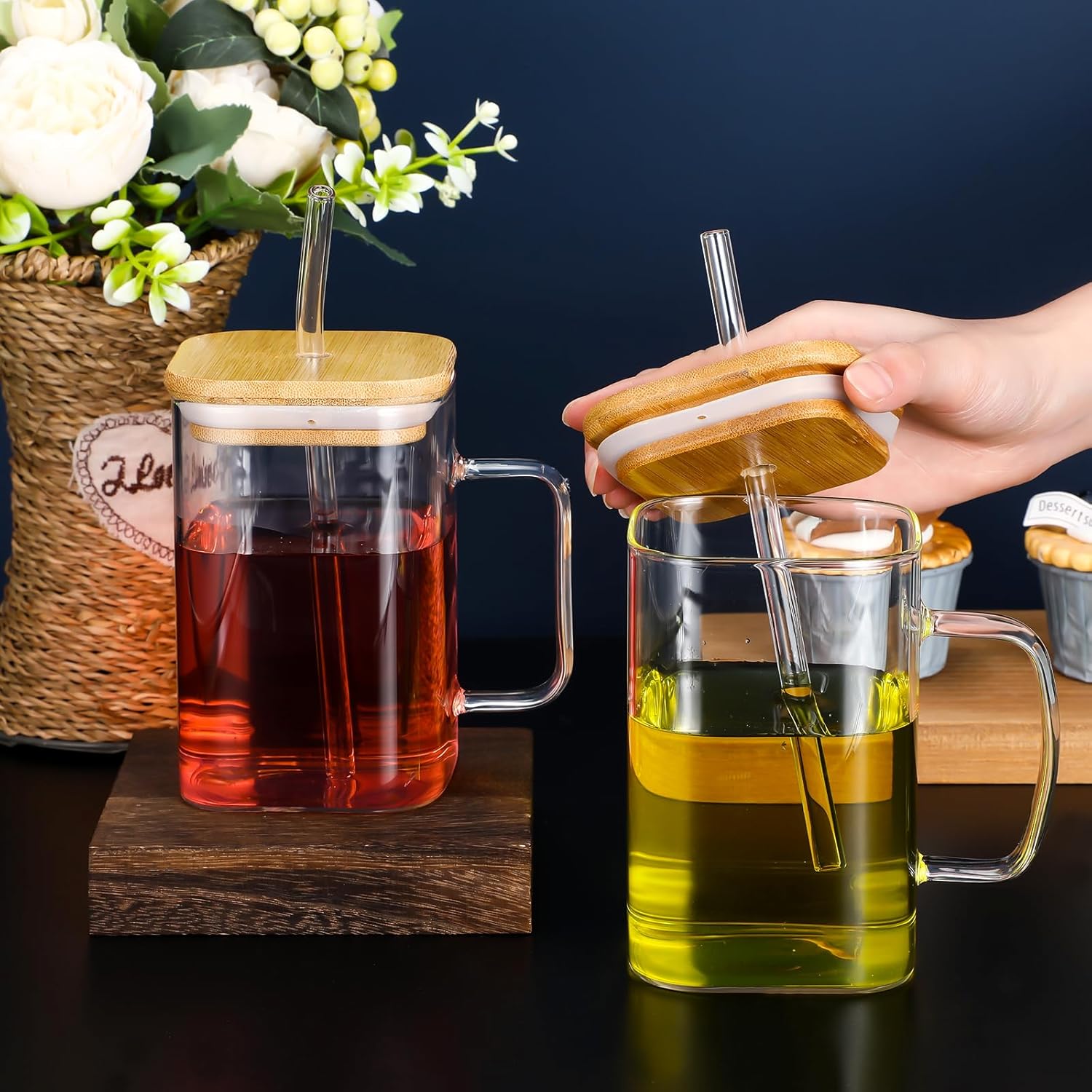 Rtteri Juego de 6 vasos cuadrados de vidrio con tapa de bambú, popote y asa, tazas de café portátiles para fiesta de graduación, regalos del día de