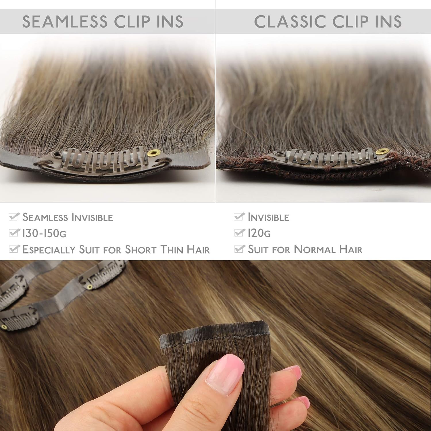 Wennalife – Extensiones de cabello humano sin costuras, clip en extensiones de cabello Remy de 14 a 22 pulgadas 7 unidades 130g a 150g