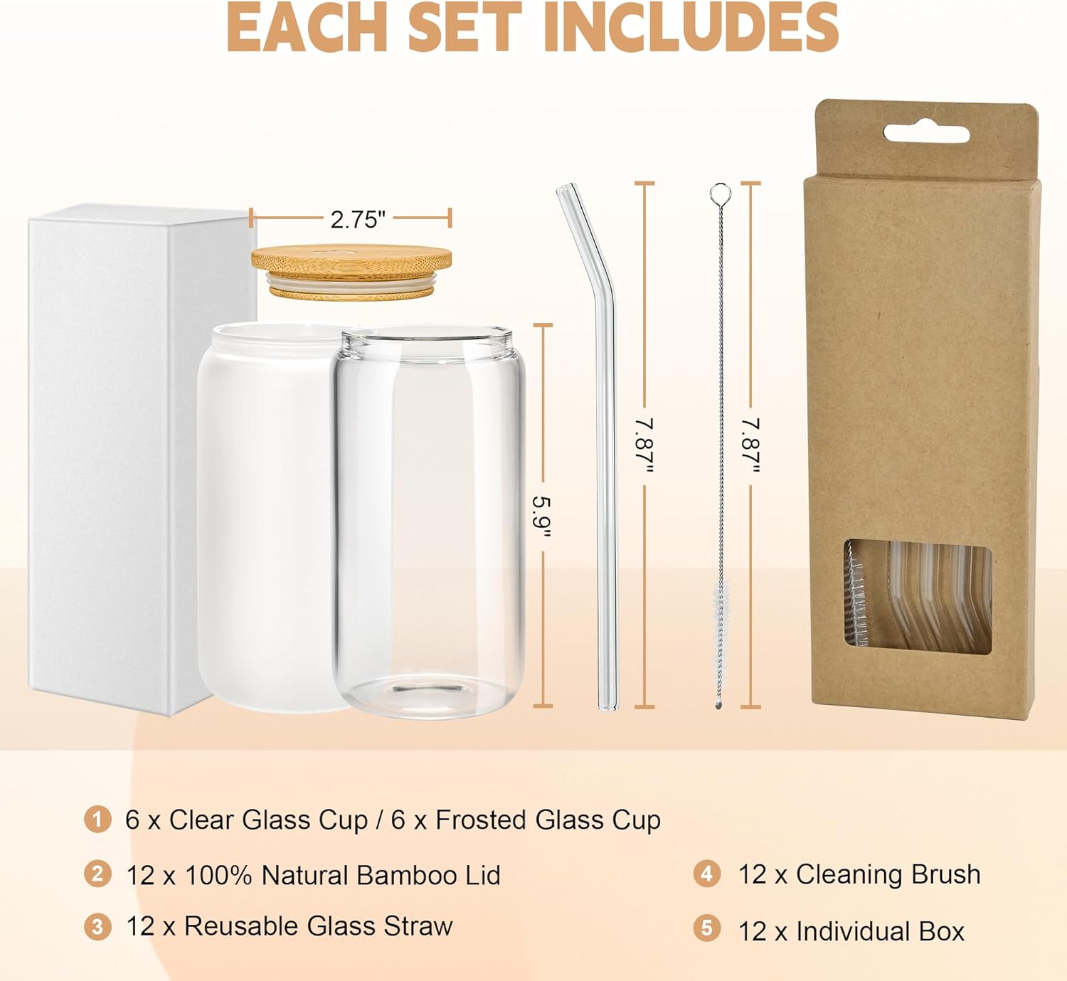 FECBK Vasos de vidrio de sublimación de 16 onzas con forma de lata de sublimación con tapa de bambú, popote de vidrio y cepillo de limpieza, lata de
