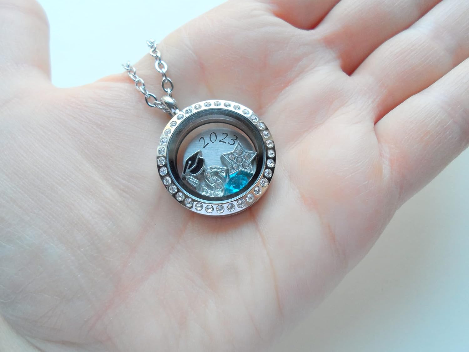 Custom Graduate Circle Floating Charm Locket Necklace, Stainless Steel Locket, Graduation Gift, Good Luck on the Path Ahead, Class of 2024 or Other