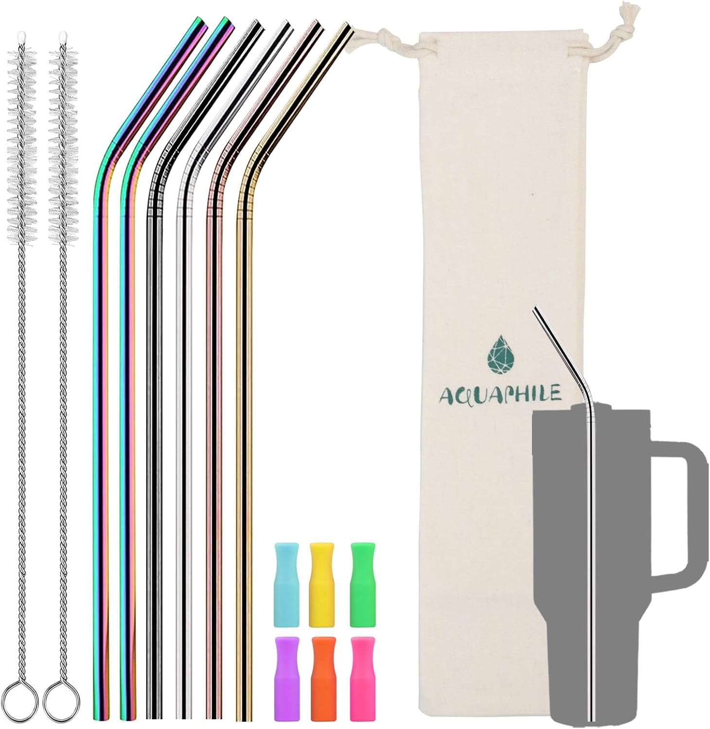 AQUAPHILE Pajitas de acero inoxidable para vaso Stanley de 40 onzas, popote doblado extra largo de 12 pulgadas para accesorios de copa Stanley,
