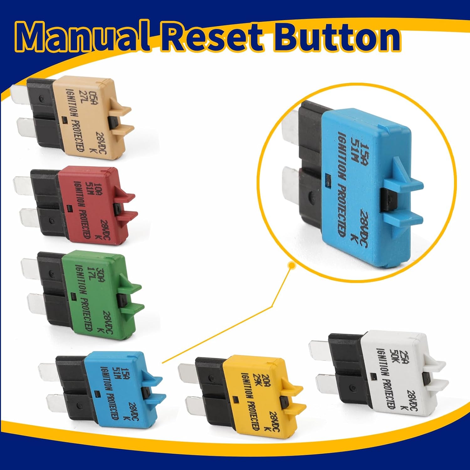 Disyuntor de fusible reiniciable de 25 amperios de perfil bajo ATCATO fusibles 5 paquetes 25A 12V-28V para automóvil, SUV, barco