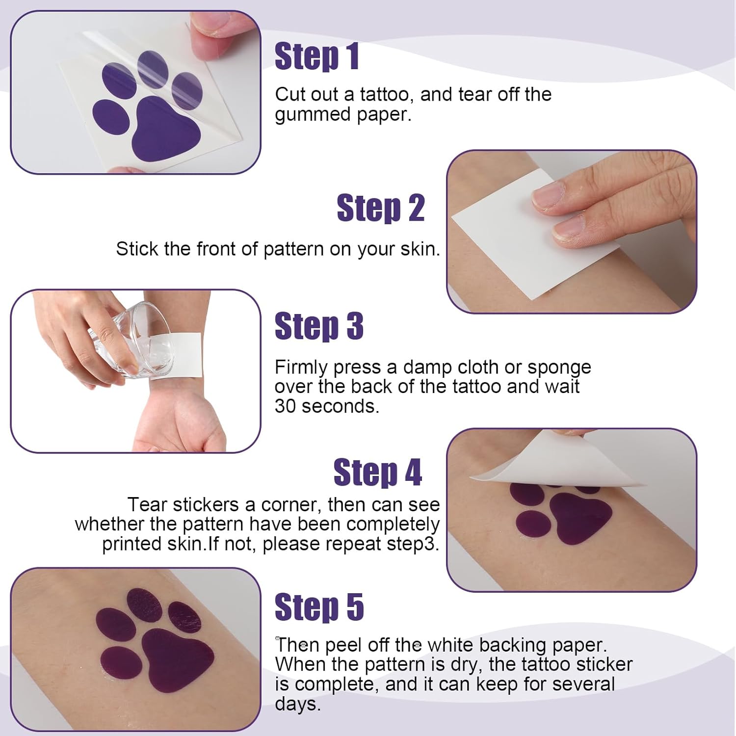 20 hojas de 300 piezas de huellas de patas, tatuajes temporales de patas moradas, tatuajes temporales de patas de perro, calcomanías extraíbles para