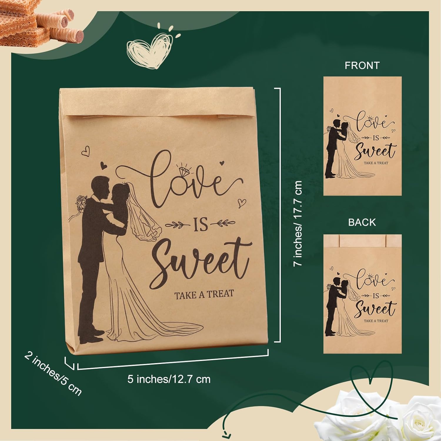 200 bolsas de regalo de boda a granel de papel kraft a prueba de aceite para fiestas, bolsas de galletas Love Is Sweet Take a Treat para bodas,