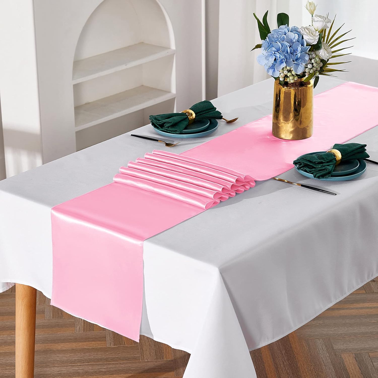 YUHX Paquete de 5 caminos de mesa de satén de 12 x 108 pulgadas de largo, color azul para bodas, fiestas de cumpleaños, decoraciones de banquetes