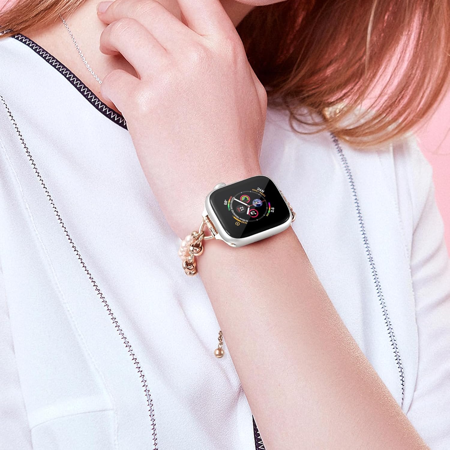 Correa de lujo con cuentas para Apple Watch Band de 1.496 in, 1.575 in, 1.614 in, 1.654 in, 1.772 in, 1.772 in para mujer, correa de repuesto