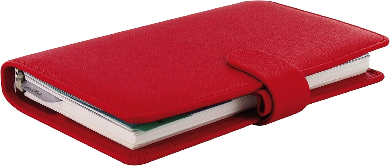 Filofax Saffiano – Organizador personal compacto, amapola, grano cruzado, aspecto de cuero, seis anillos, calendario semanal para ver, multilingüe,
