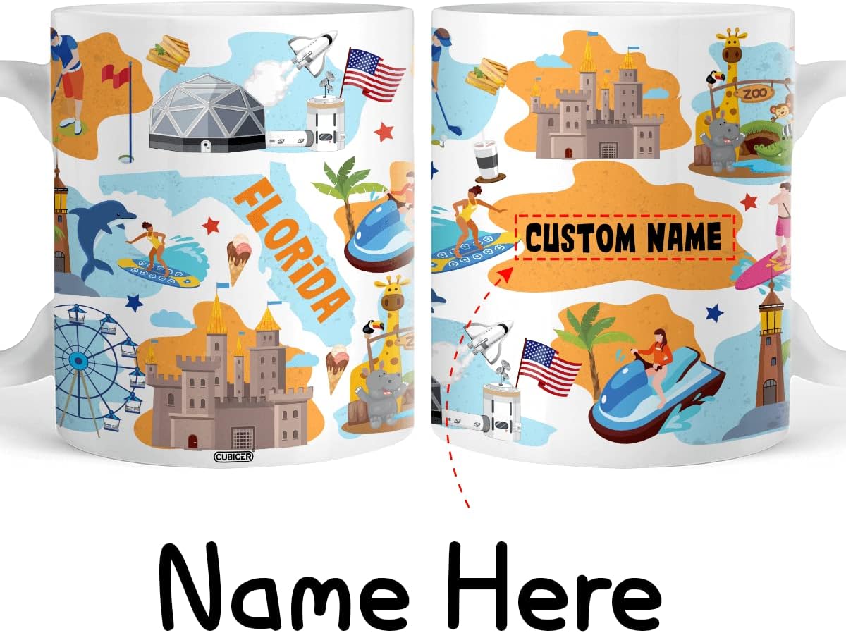 Tazas de café personalizadas del estado de Florida con nombre personalizado, tazas de cerámica blanca, taza de viaje, regalos divertidos de Navidad