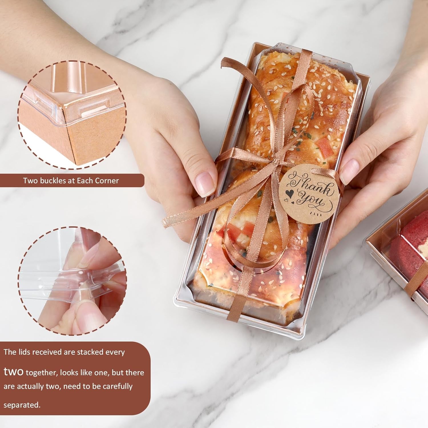 Paquete de 60 cajas de papel para embutidos con tapas transparentes y seguras, cajas de panadería marrón de 7.5 pulgadas con 2 rollos de cinta,