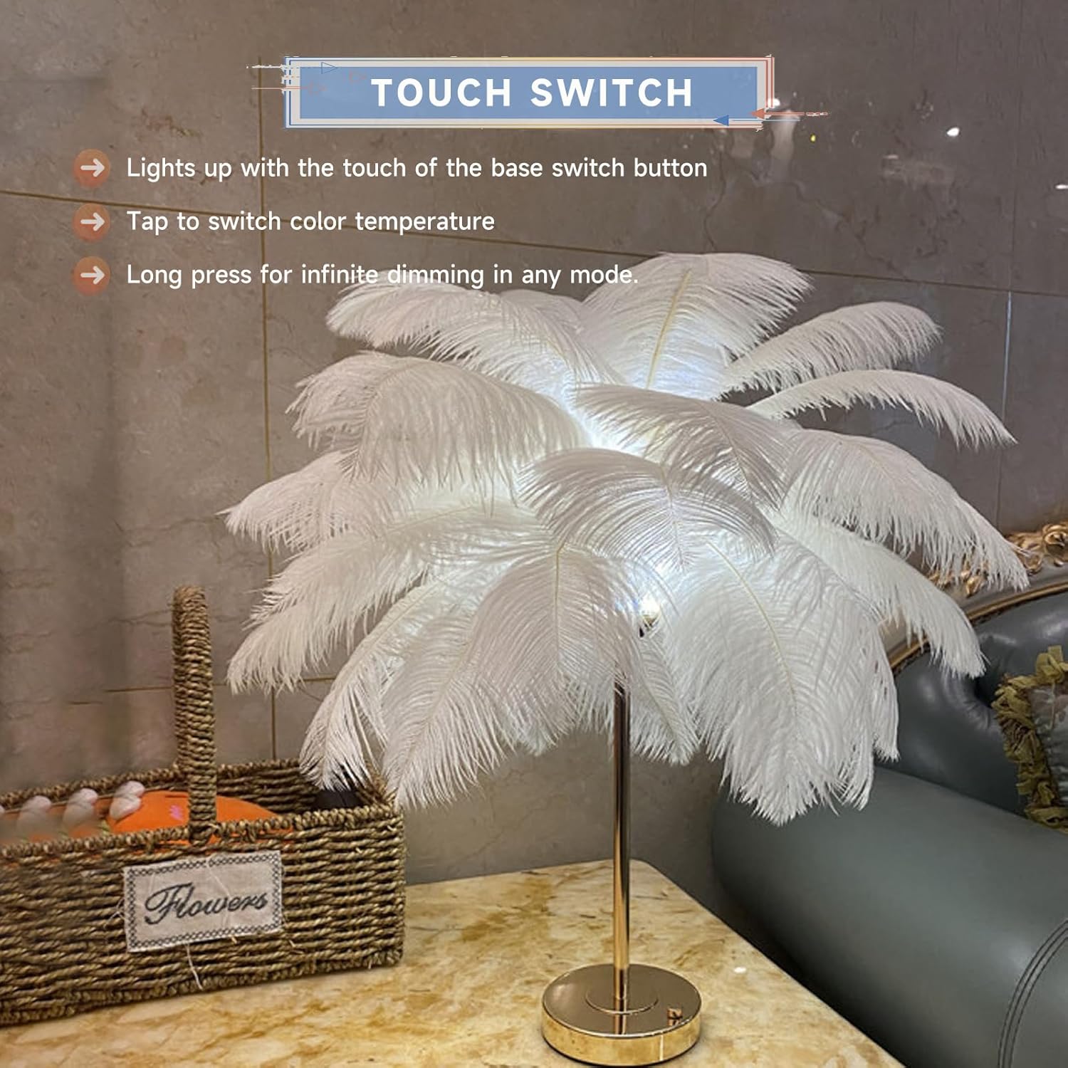 Gugxiom Lámpara de plumas de avestruz, lámpara de mesa de plumas USB, lámpara de princesa, mesita de noche estética, lámpara de escritorio dorada,