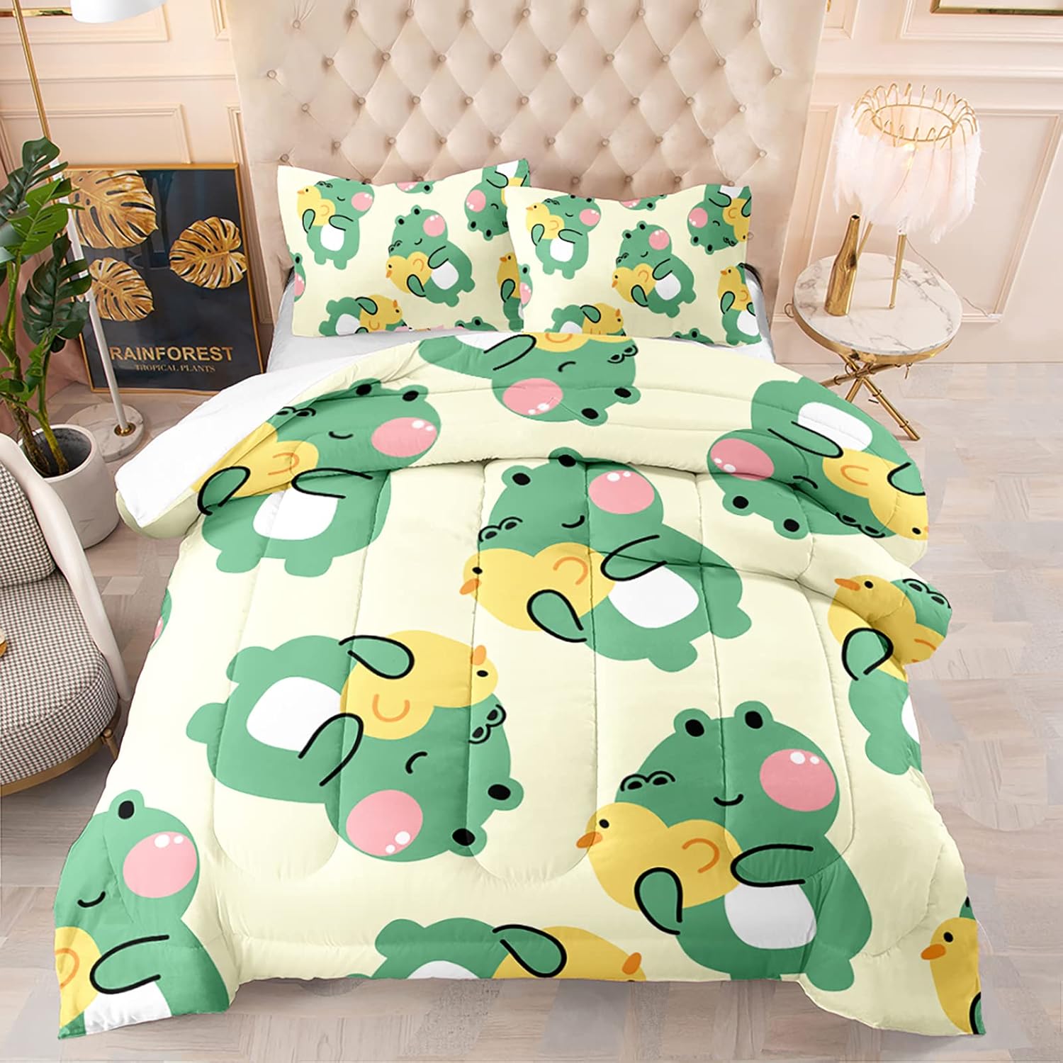 Juego de edredón de 3 piezas con estampado de rana de dibujos animados y 2 fundas de almohada, suave y ligero, para todas las estaciones