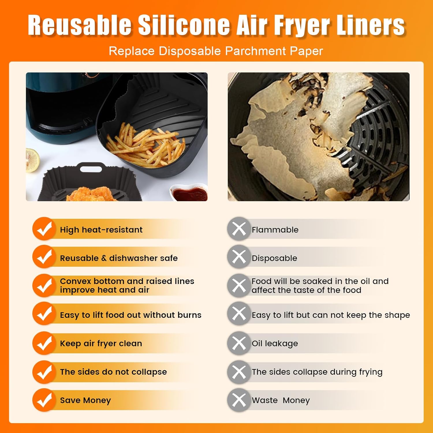 Forros reutilizables para freidora de aire, forros de silicona para freidora de aire, cuadrados con asas prácticas, cesta de silicona apta para