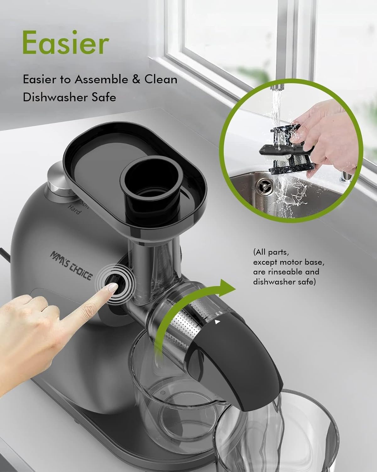 MAMA’S CHOICE Máquinas exprimidoras, exprimidor de masticación lenta para verduras y frutas, extractor de jugo de prensa en frío, fácil de limpiar