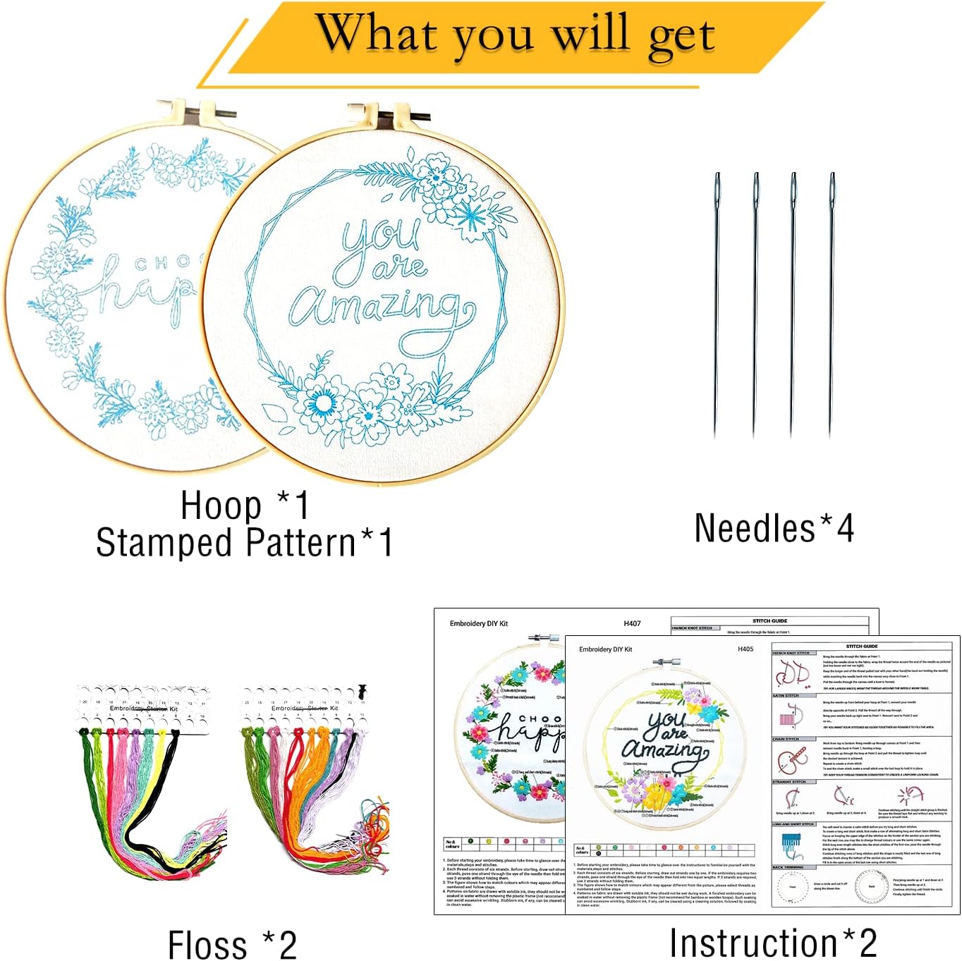 Yutaohui Juego de 2 juegos de bordado, divertido kit de bordado de flores con palabras alentadoras, kit de bordado para principiantes, kit de punto