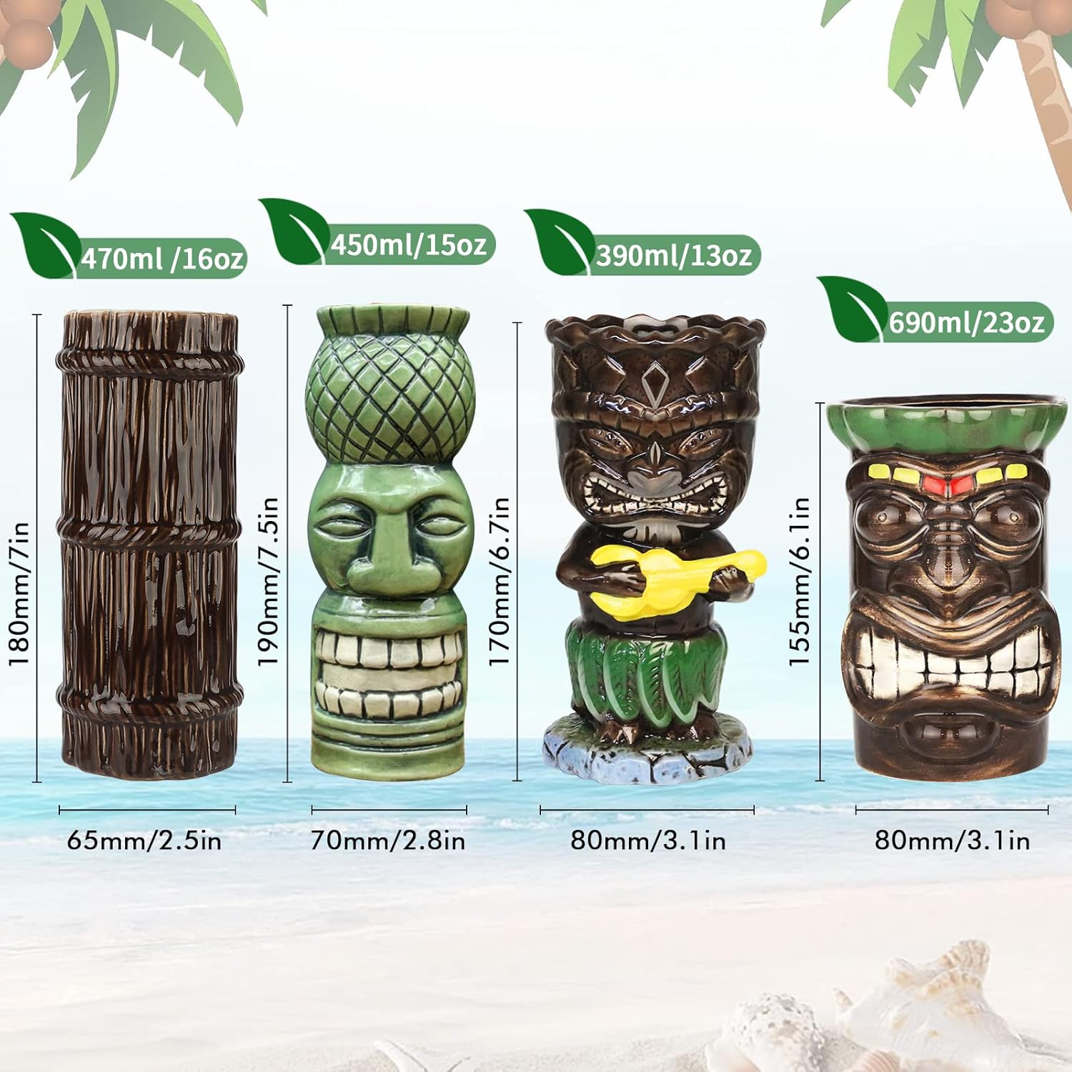 SuproBarware Tiki – Juego de 4 tazas de cerámica tropical, taza de cóctel hawaiano (juego de 4 piezas)