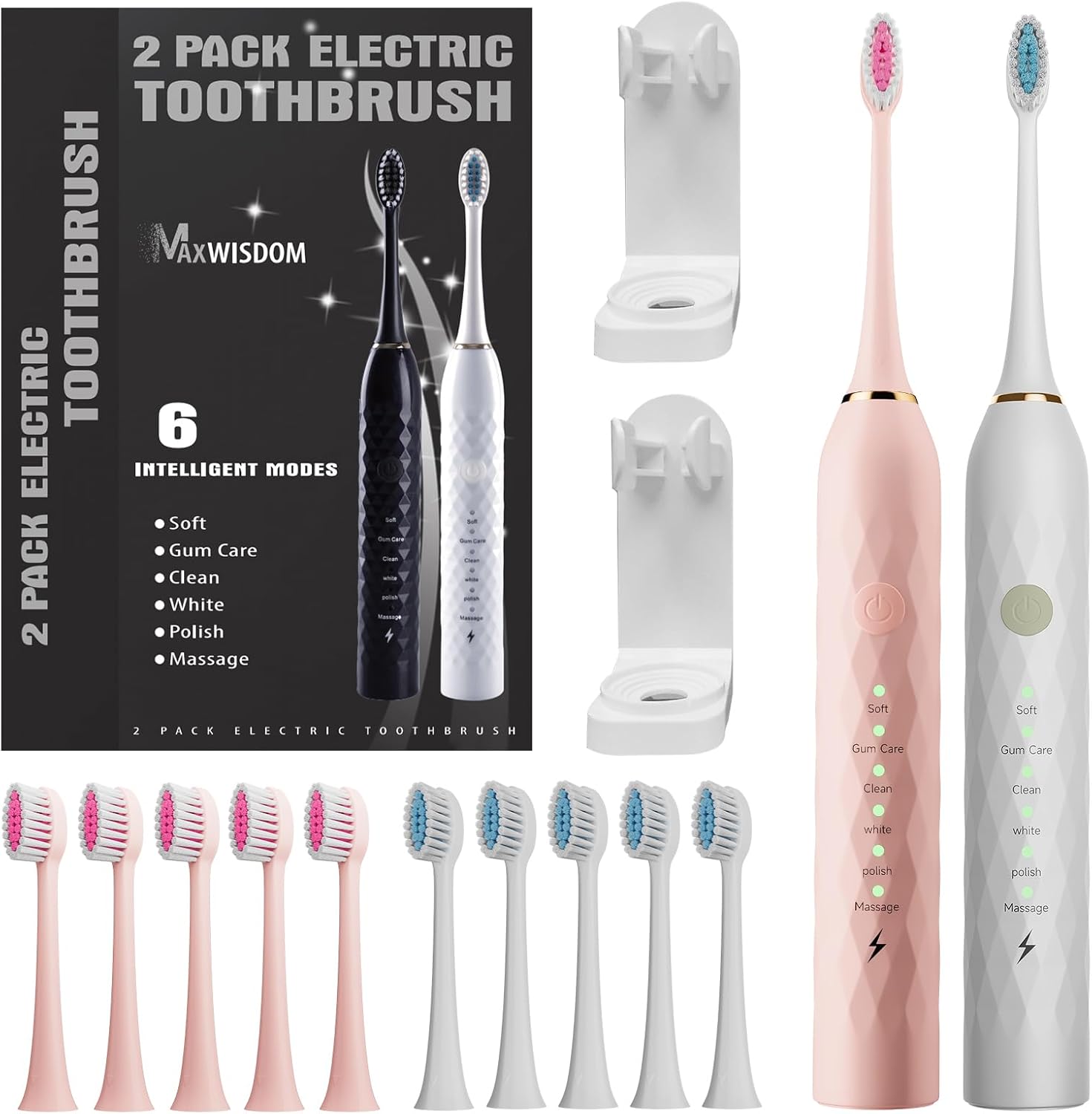 2 cepillos de dientes eléctricos con soportes, 10 cabezales de cepillo de dientes sónico de repuesto, 6 modos, IPX7 impermeable, temporizador