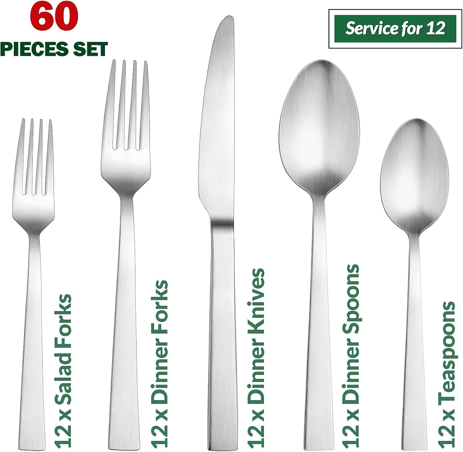 E-far – Juego de cubiertos mate de 60 piezas, de acero inoxidable, para 12, cubiertos de metal, incluye tenedores, cucharas, cuchillos, borde