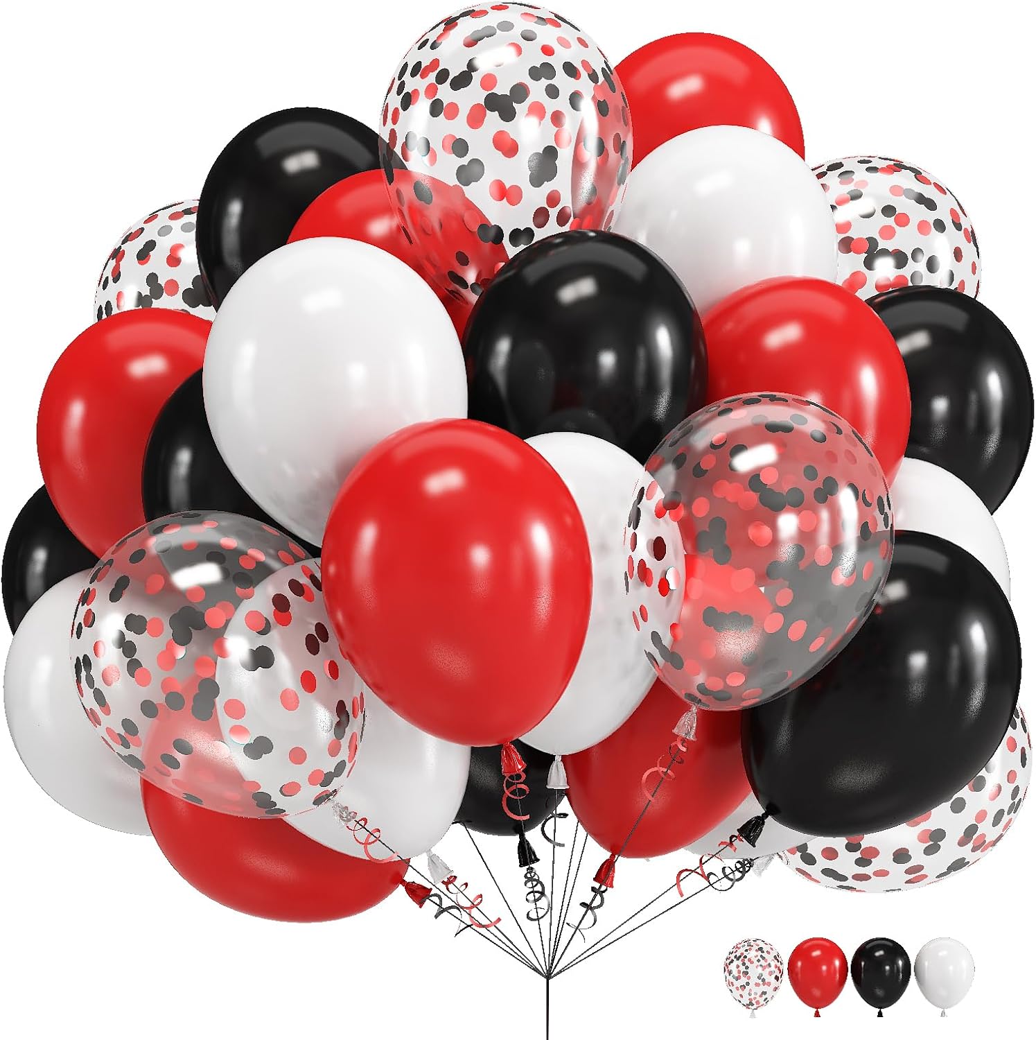 Globos de confeti negro y rojo, 60 paquetes de globos de fiesta negros y rojos de 12 pulgadas con cintas para hombres y mujeres, cumpleaños, bodas,