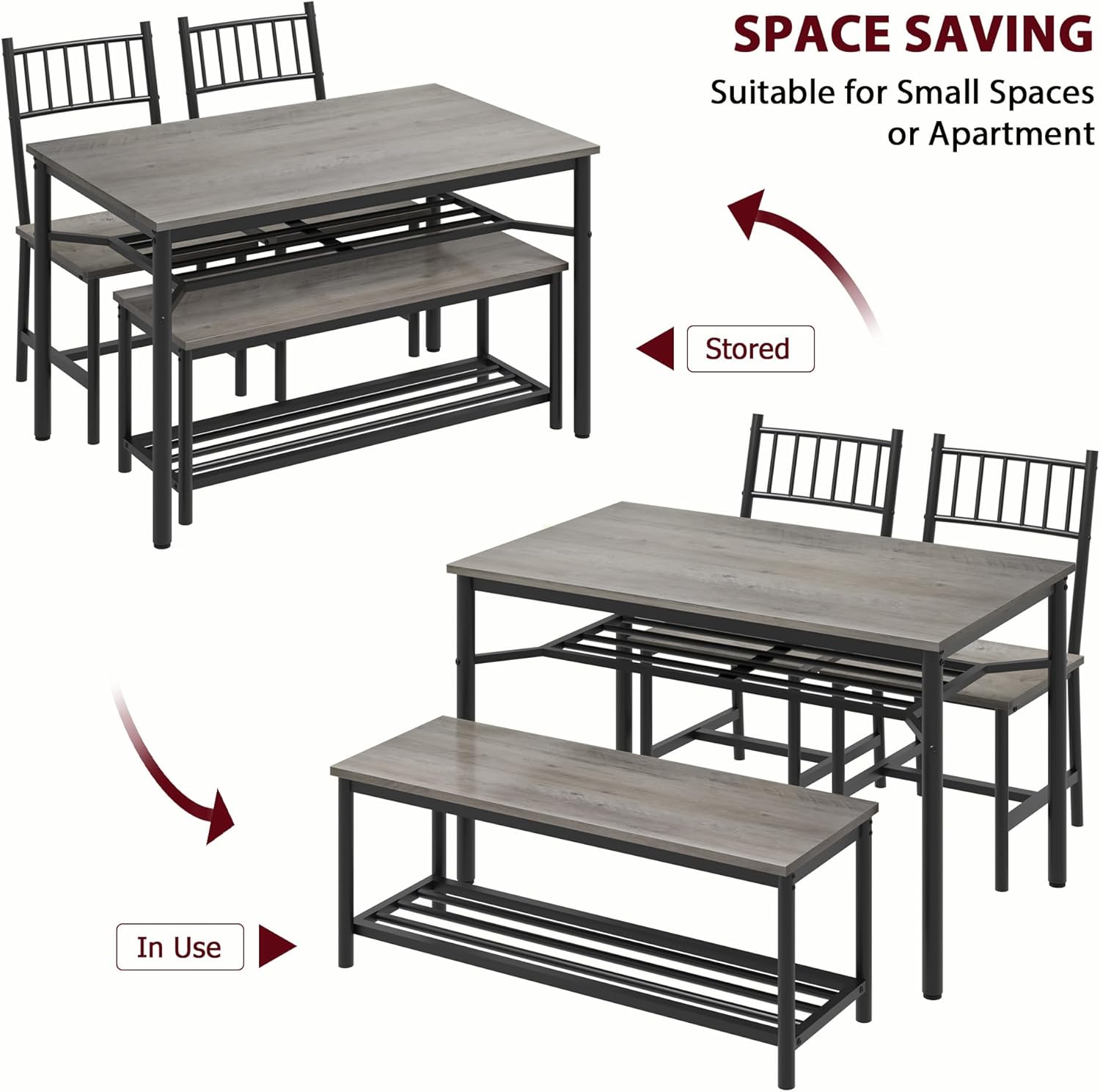 IDEALHOUSE Juego de mesa de comedor para 4, mesa de cocina y 2 sillas con banco de almacenamiento, juego de mesa de cocina rectangular de 47.2