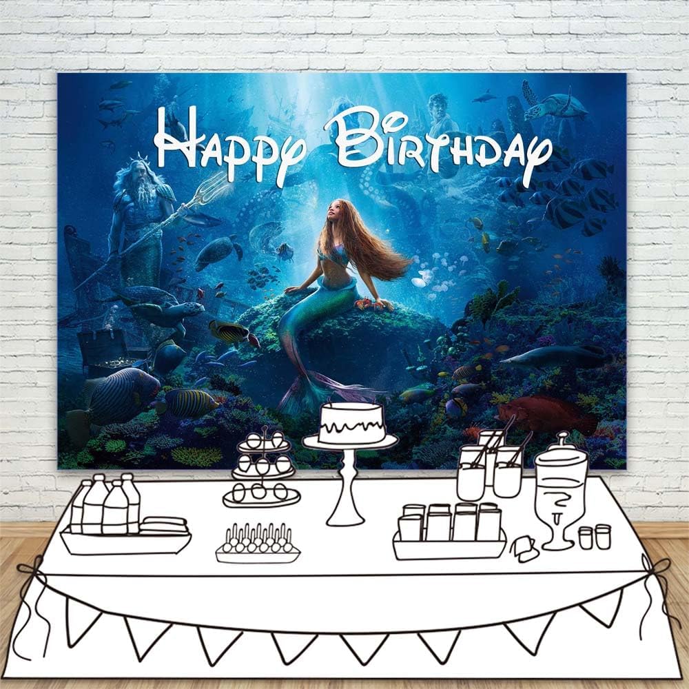 Telón de fondo de vinilo con texto en inglés “Little Mermaid 2023”, 5 x 3 pies, diseño de princesa de feliz cumpleaños, baby shower bajo el mar,