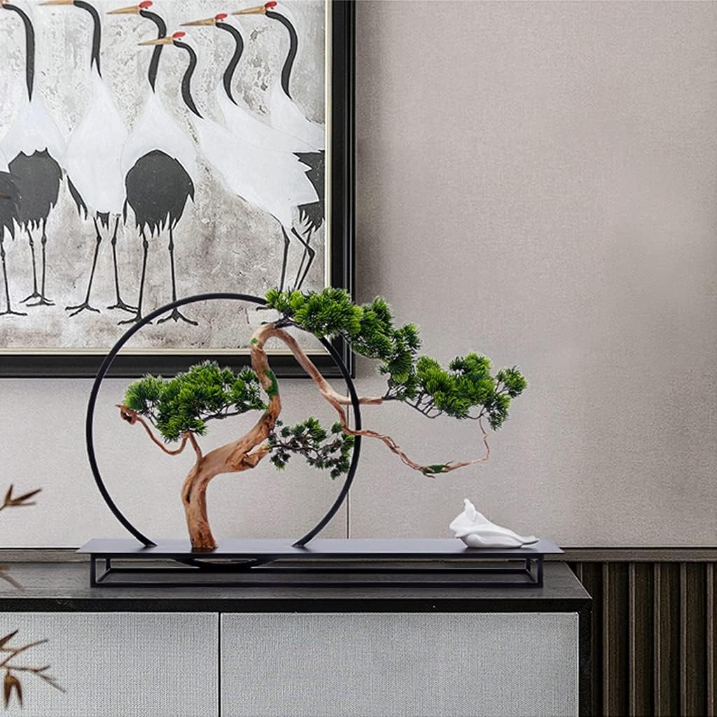 Bonsái artificial estilo chino árboles artificiales bienvenidos árboles de pino marcos de metal, figuras de cerámica, decoración de sala de estar y