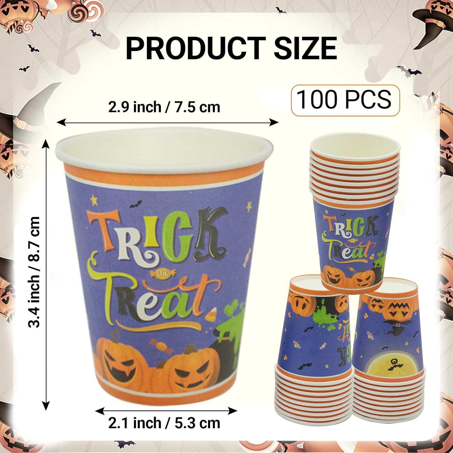 100 vasos de papel de Halloween  Vasos de bebida estilo calabaza de 9 onzas  Vasos desechables para fiesta de Halloween  Tazas de decoración de