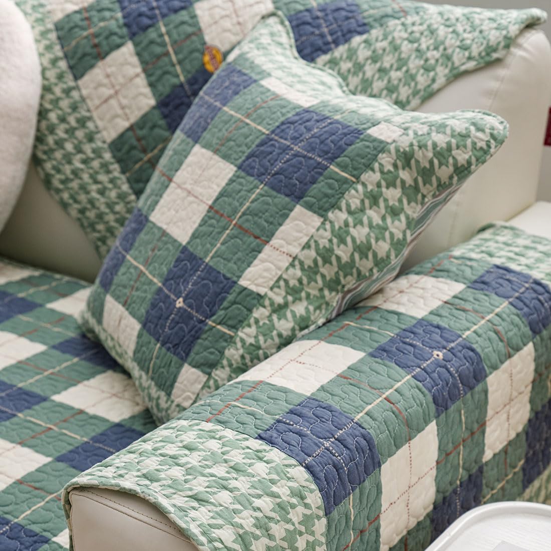 vctops Juego de 2 fundas de almohada decorativas de algodón a cuadros de búfalo de granja, fundas de cojín cuadradas acolchadas (verde azul, 20 x 20