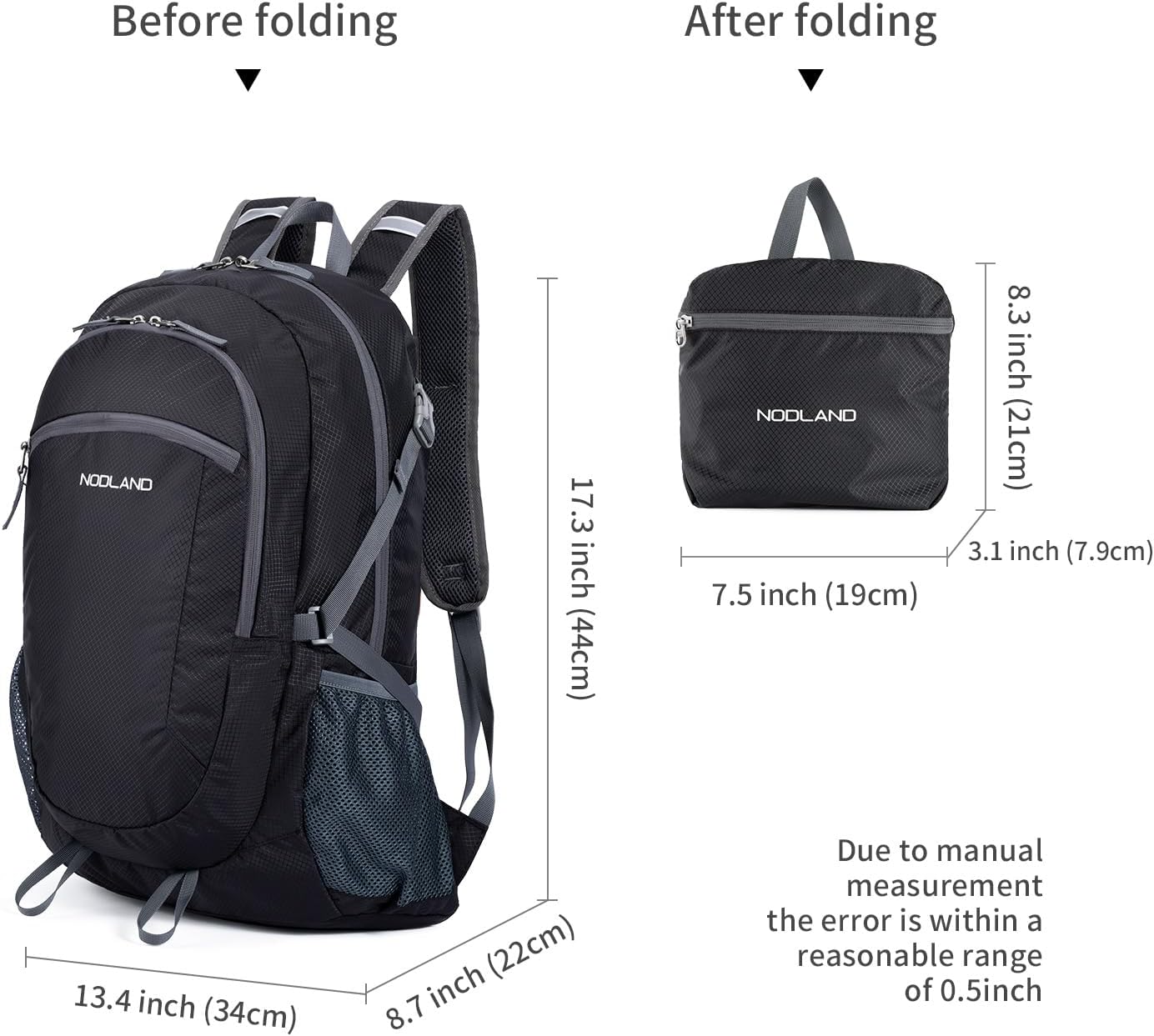 NODLAND – Mochila ligera y plegable para senderismo, 45L, resistente al agua, mochila de hidratación, Negro -, Mochilas Daypack