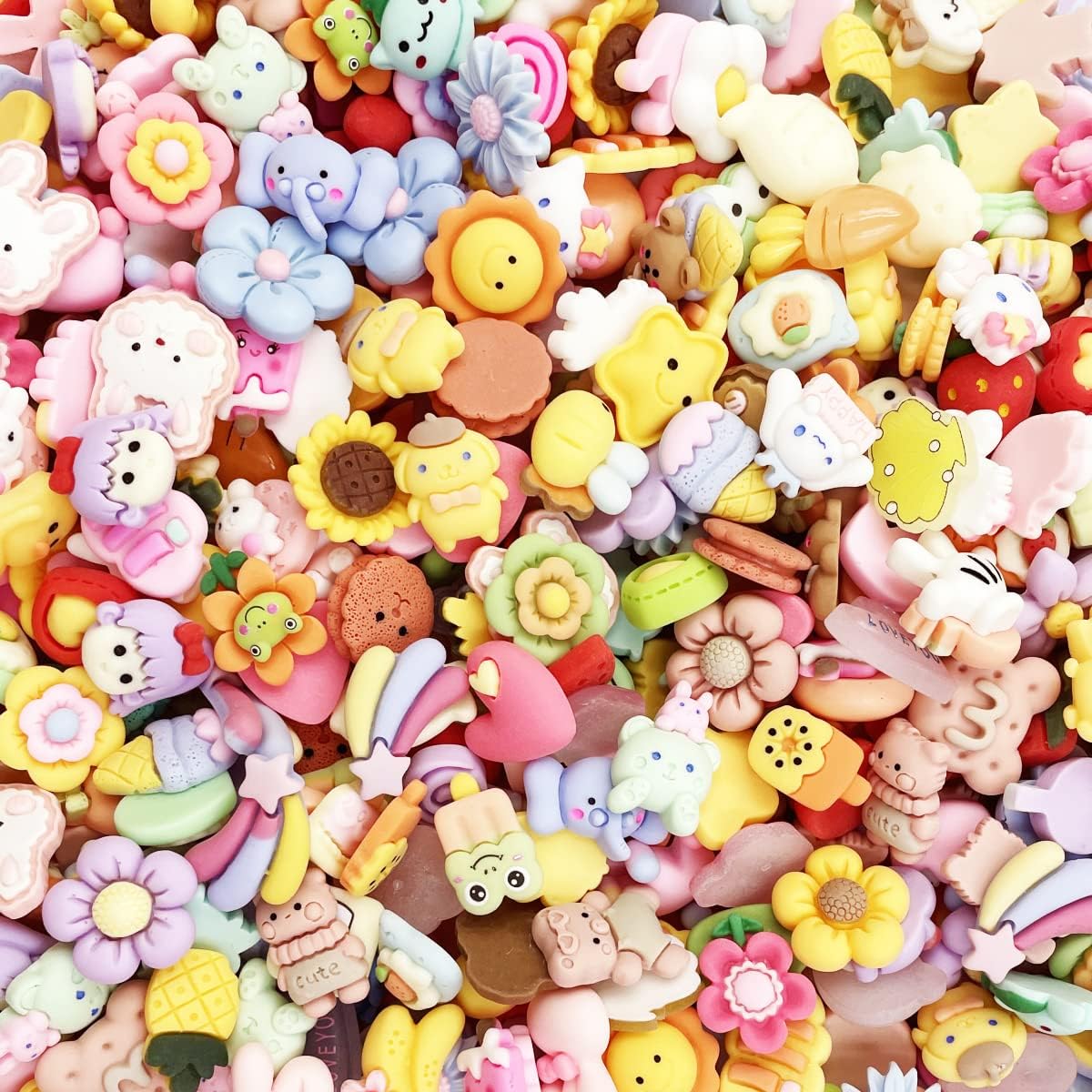 Juego de 50 dijes de resina de flores de animales, 50 piezas de cuentas de resina de dibujos animados con parte trasera plana para accesorios de