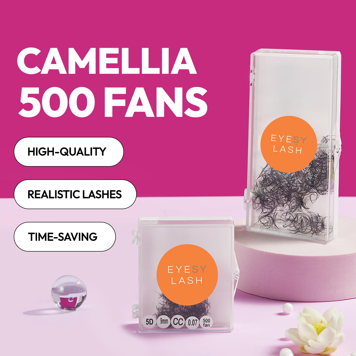 Eyesy Lash 500 extensiones de pestañas Camellia  5D 0.07 Tamaño 7-0.354-0.433 in Curl D  Pestañas de volumen americano múltiples longitudes