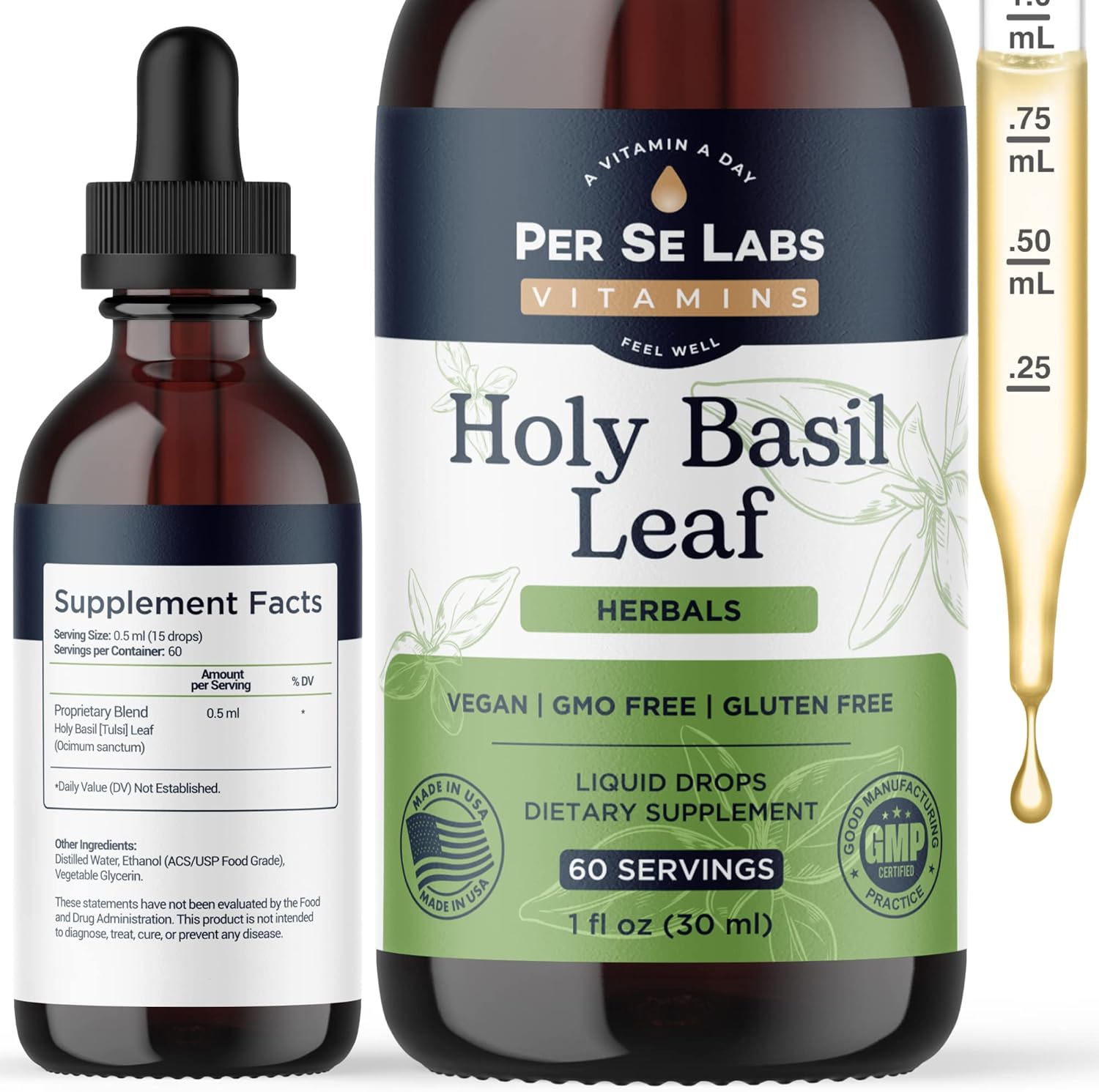 Per Se Labs – Gotas líquidas orgánicas de hoja de albahaca sagrada para 2 meses, apoyo inmunológico, refuerzo del cerebro y la concentración,