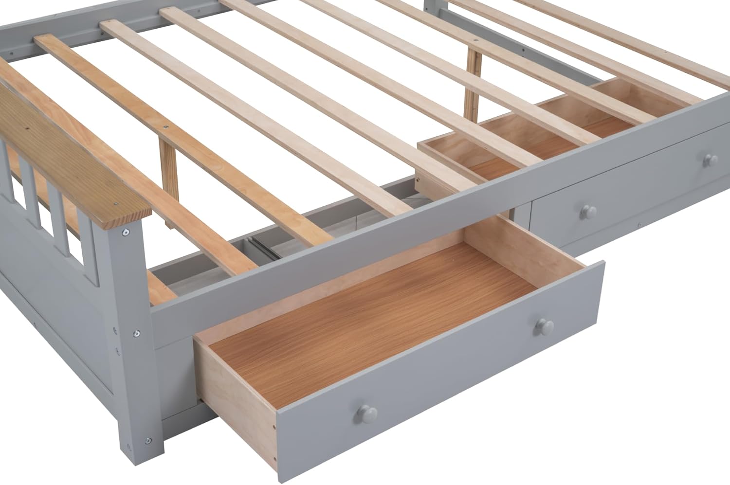 Merax Cama de plataforma tamaño Queen, plataforma de madera con 2 cajones y soporte de listones de madera, gris + natural