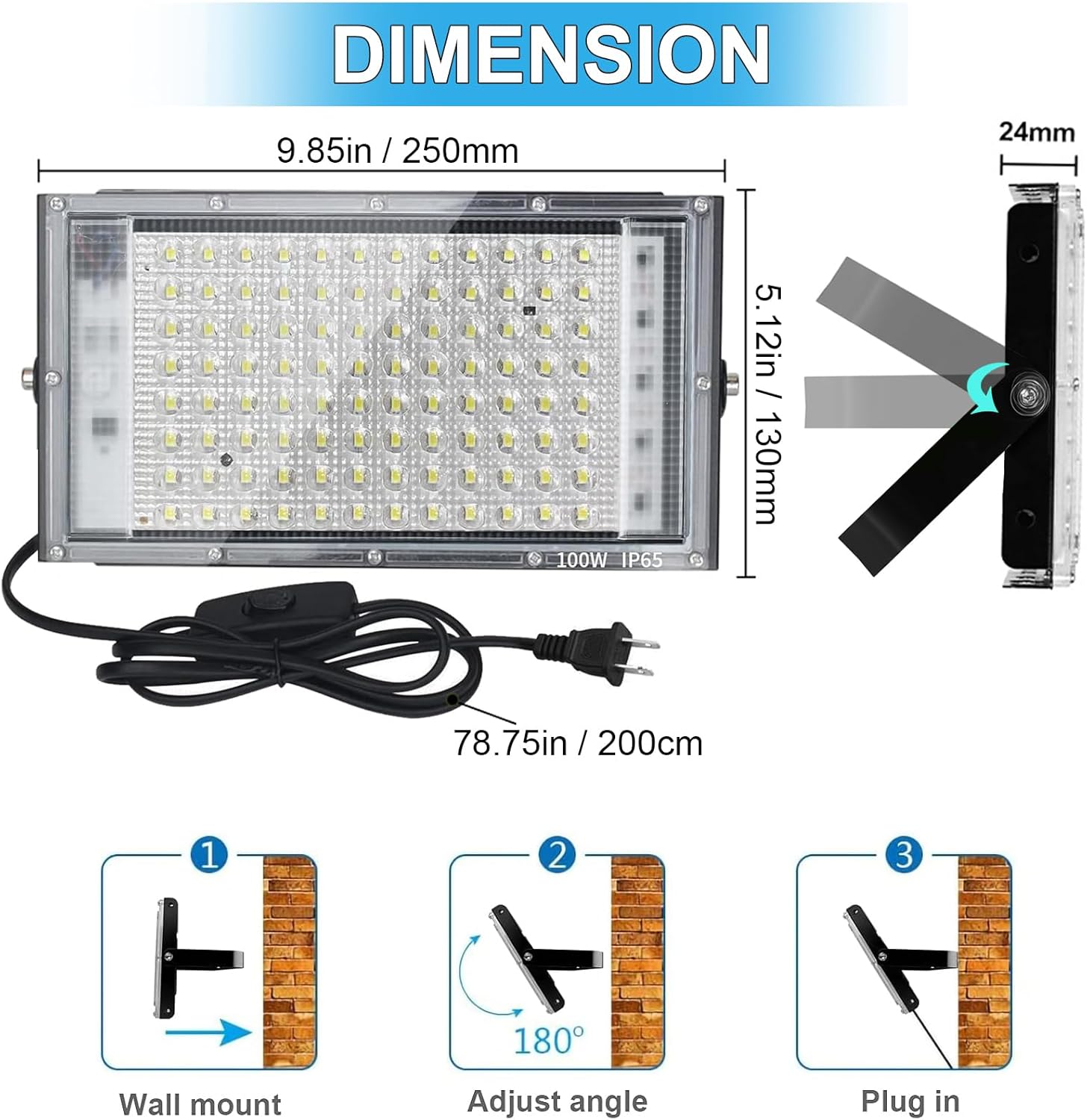 100W LED Outdoor Flood Light, 2 Pack 8000LM Plug in Flood Light Outdoor, IP66 Waterproof Exterior Security Lights, 6500K Daylight White Super Bright