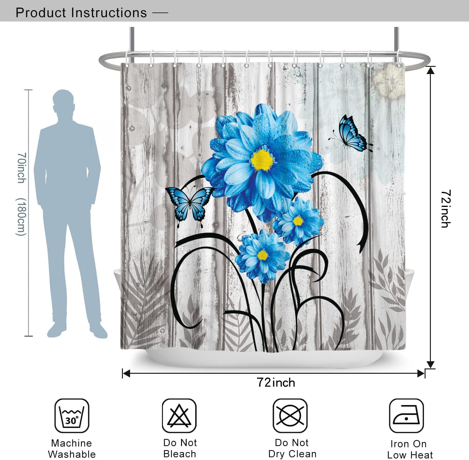 Cortinas de ducha con diseño de mariposas florales para baño, cortina de ducha rústica, tela de margaritas azules sobre madera campestre, juego de