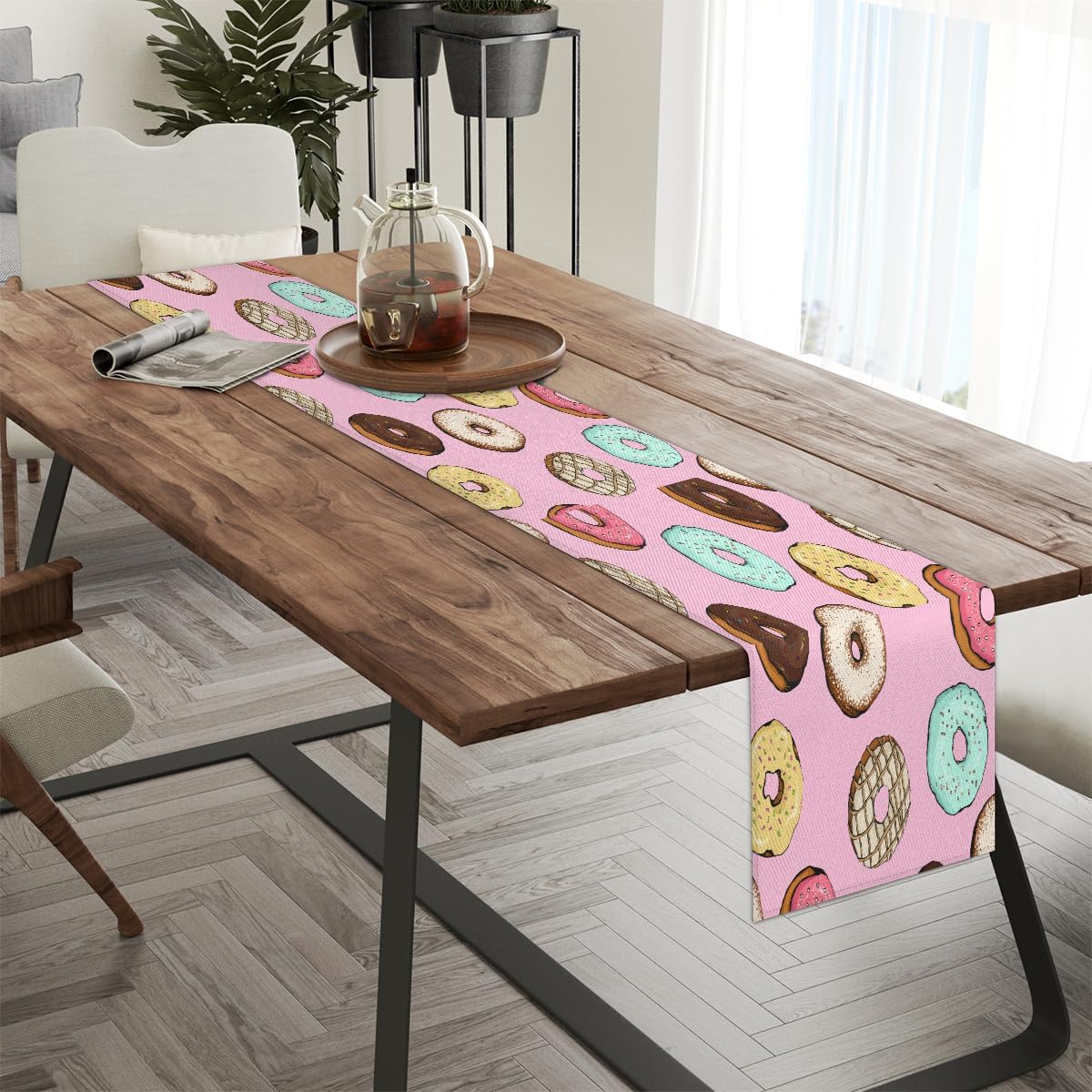 Camino de mesa de donas lindas, mantel de lino rústico otoñal, decoración de mesa de cocina y comedor para fiesta en el hogar, 13 x 72 pulgadas