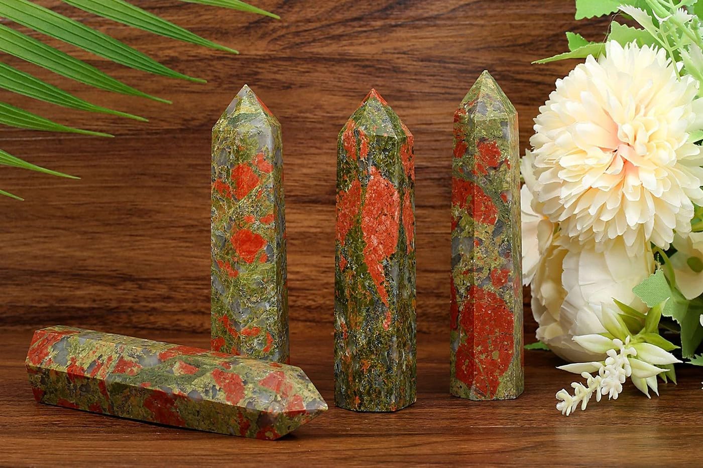 LAIDANLA Unakite – Varitas de cristales curativos de 3.5 a 4 pulgadas, varita de energía natural de Reiki, piedra de obelisco de punta hexagonal,