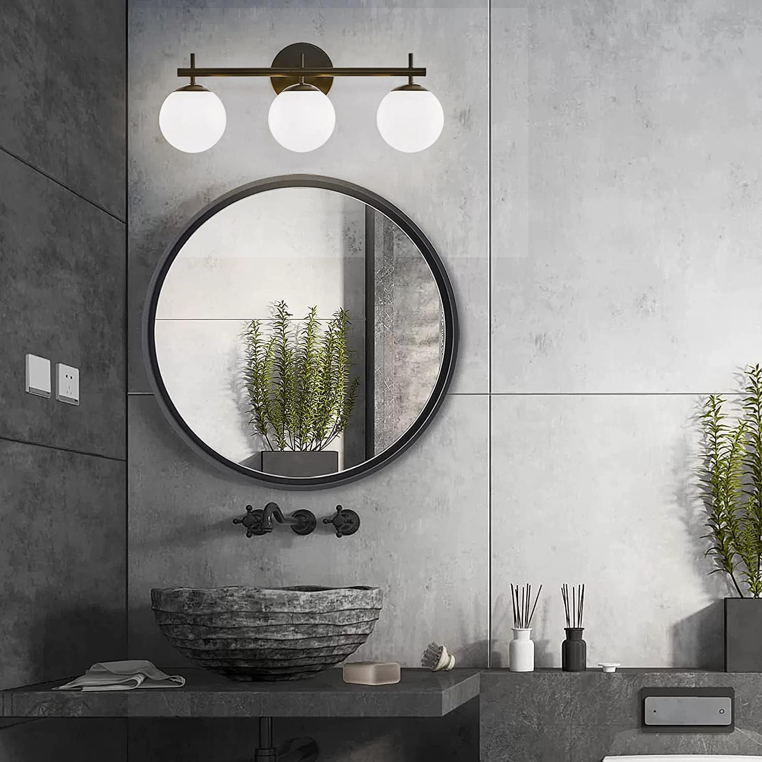 Lámparas negras para tocador de baño, modernas luces de tocador de mediados de siglo con pantalla de vidrio esmerilado blanco lechoso, 3 lámparas de
