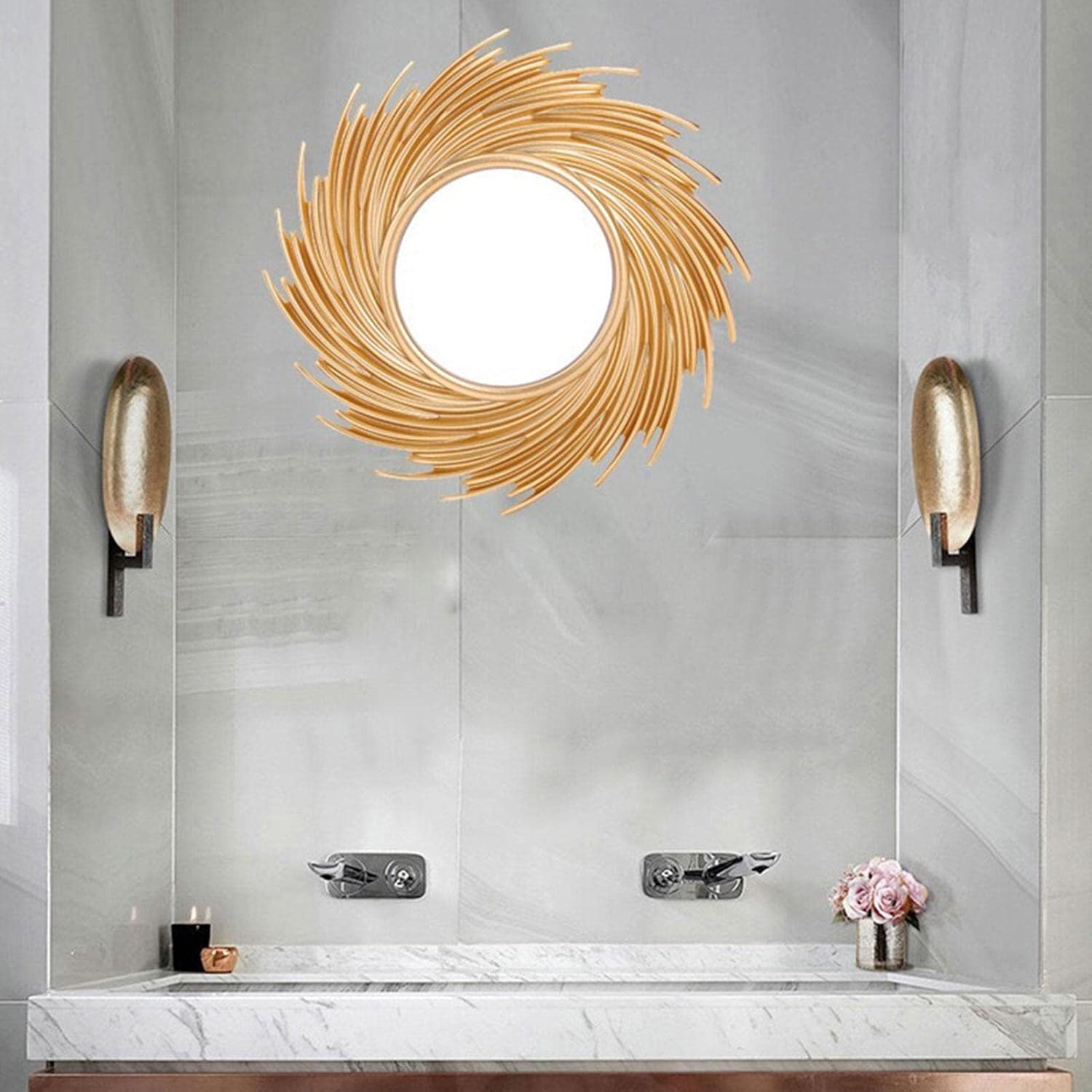 Sunburstt – Espejo de pared dorado de 10 pulgadas, pequeño espejo de pared de metal para decoración del hogar, espejo colgante estilo dormitorio,