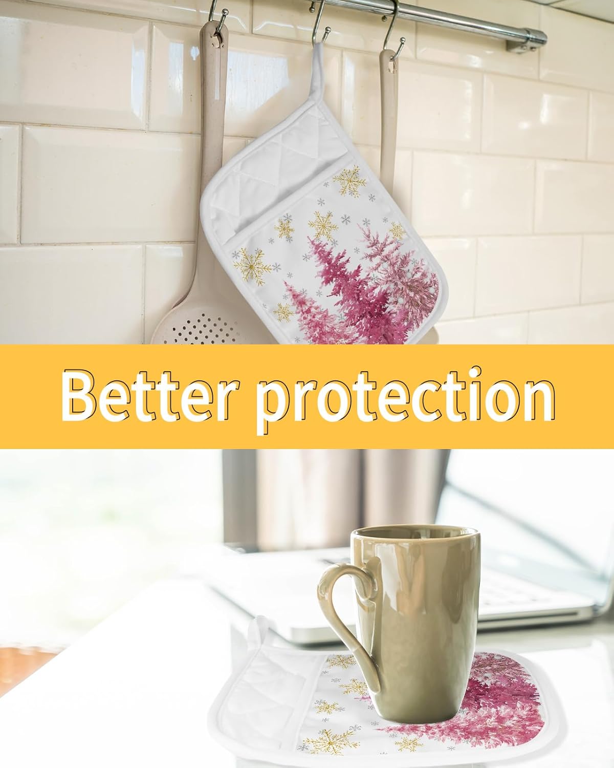 Snowflake Tree 3Pcs Pot Holders for Kitchen,Non Slip & Heat Insulation Terry Cloth Potholder Set with Pocket,Thick Hot Pad Oven Mitts Trivet Coaster