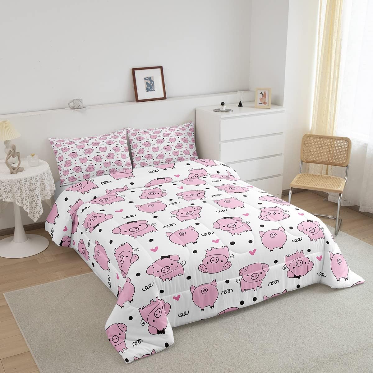 Erosebridal Juego de edredón de cerdo rosa para niñas, decoración de habitación kawaii, juego de ropa de cama de lindos cerdos para niños y niños,