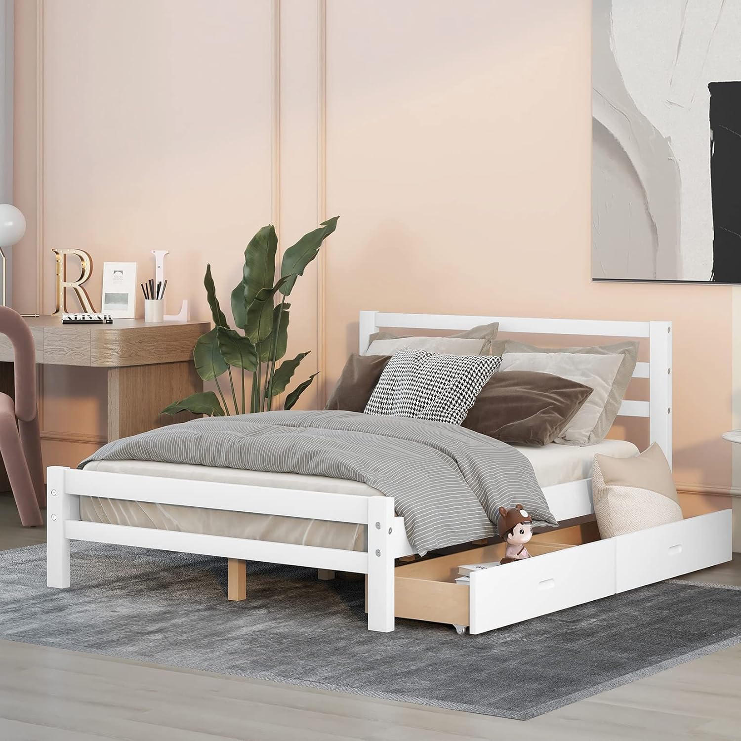 Cama matrimonial con cajones, plataforma de madera con cabecero y estribo, cama capitán blanca de madera para niños, niñas, niños, adolescentes y