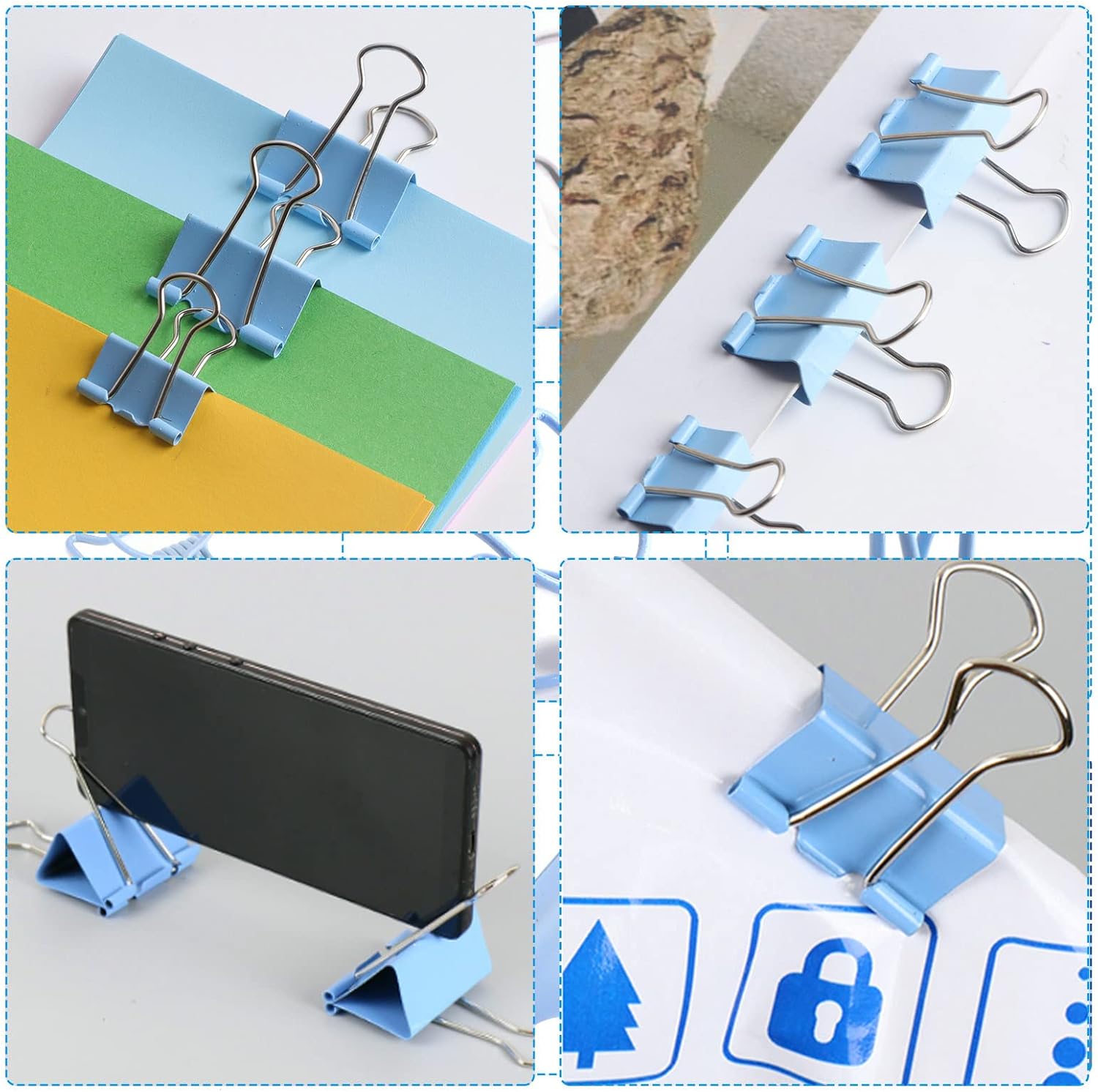CREECHWA Juego de clips de papel azules y clips para carpeta, carpetas de metal de varios tamaños con pasadores, bonitos suministros de oficina para