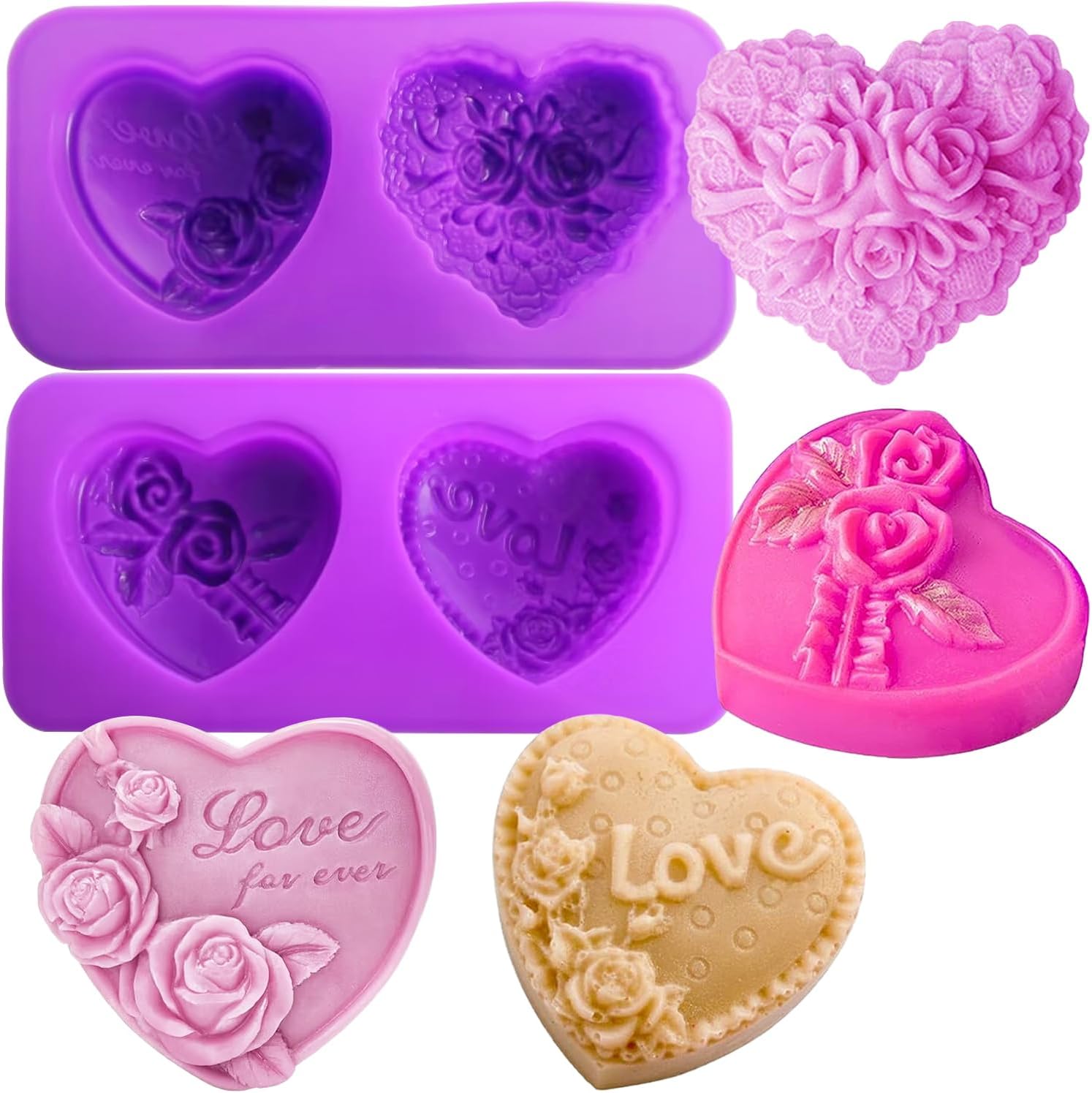 AITRAI – Moldes de jabón de silicona con forma de corazón, 4 tipos de flores 3D, moldes de jabón de corazón para hacer jabón, pasteles, dulces,
