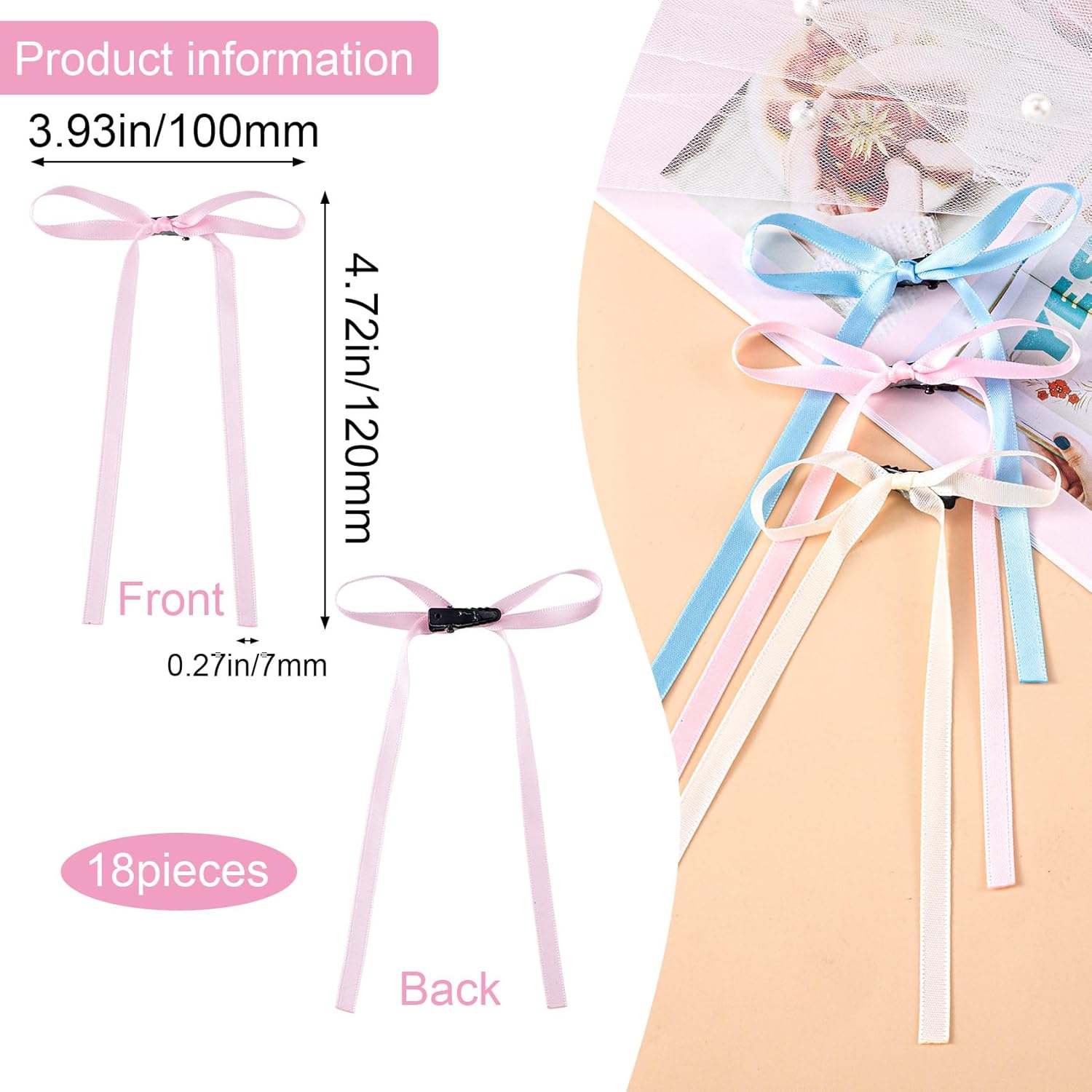 18 pinzas para el cabello con lazo rosa de 3.93 pulgadas, lazos blancos y azules, pasadores con cintas largas, parrillas para San Valentín,