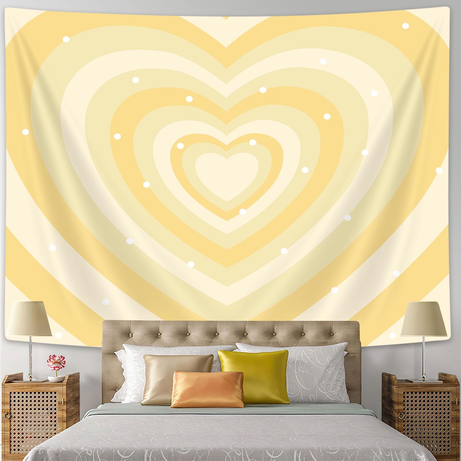 Drgilau Bonito tapiz estético amarillo para dormitorio de niña, tapiz de pared hippie con forma de corazón amarillo de los años 2000, tapiz