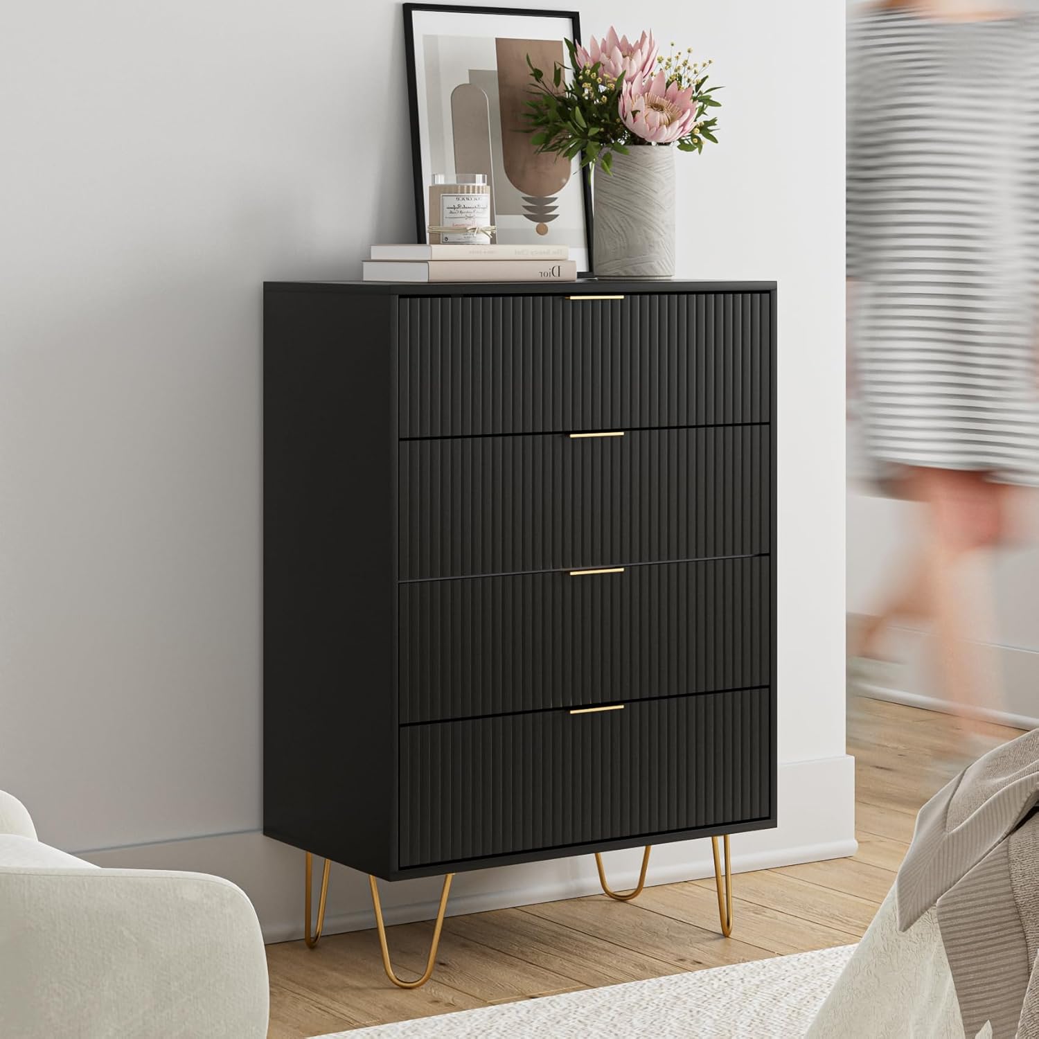Cómoda de 4 cajones, cajón, armario de almacenamiento alto con patas de metal, cómoda pequeña para dormitorio, sala de estar, armario, pasillo,