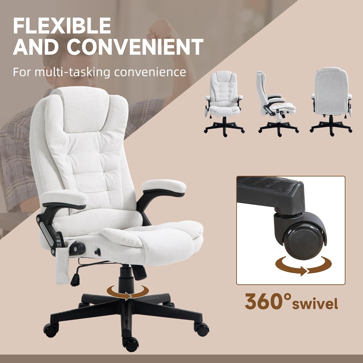 HOMCOM Silla de oficina de masaje vibratorio de 6 puntos con calor, silla de oficina ejecutiva de lino con respaldo alto y respaldo reclinable,